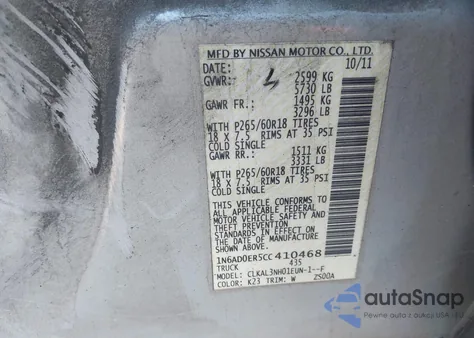 2012 Nissan Frontier Sl z USA, uszkodzony, nr VIN 1N6AD0ER5CC410468